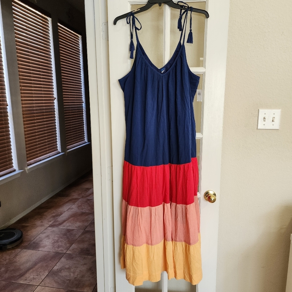 Old Navy NWT Color Block Tiered Maxi Dress XL Cotton Tassel Tie Boho Summer
